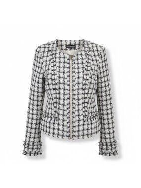 Karl Lagerfeld Womens White/Black Tweed Zip Jacket Elegant Fringed Accents Sz 6